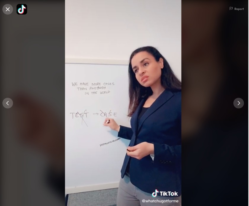 Sarah Cooper performs her impersonation of President Trump in a video posted to her TikTok account whatchugotforme. 