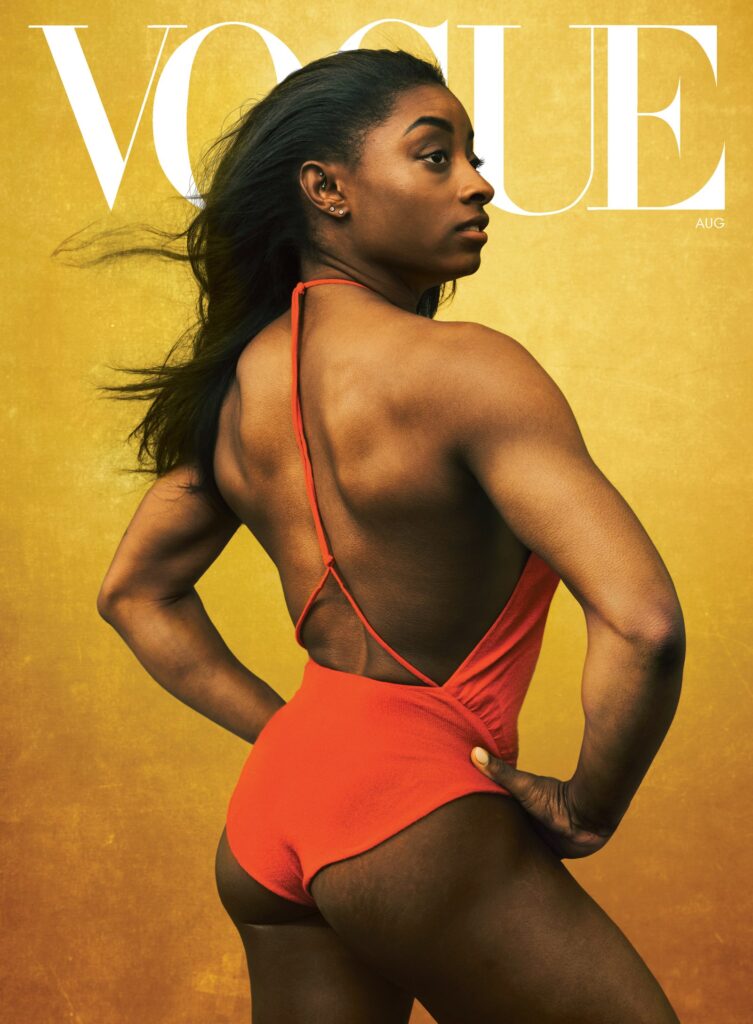 Champion gymnast Simone Biles wears a Bottega Veneta bodysuit. 